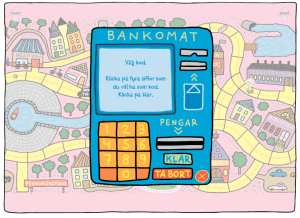 En webbplats om pengar. När du sparat ihop pengar, kan du ta ut dem i bankomaten.